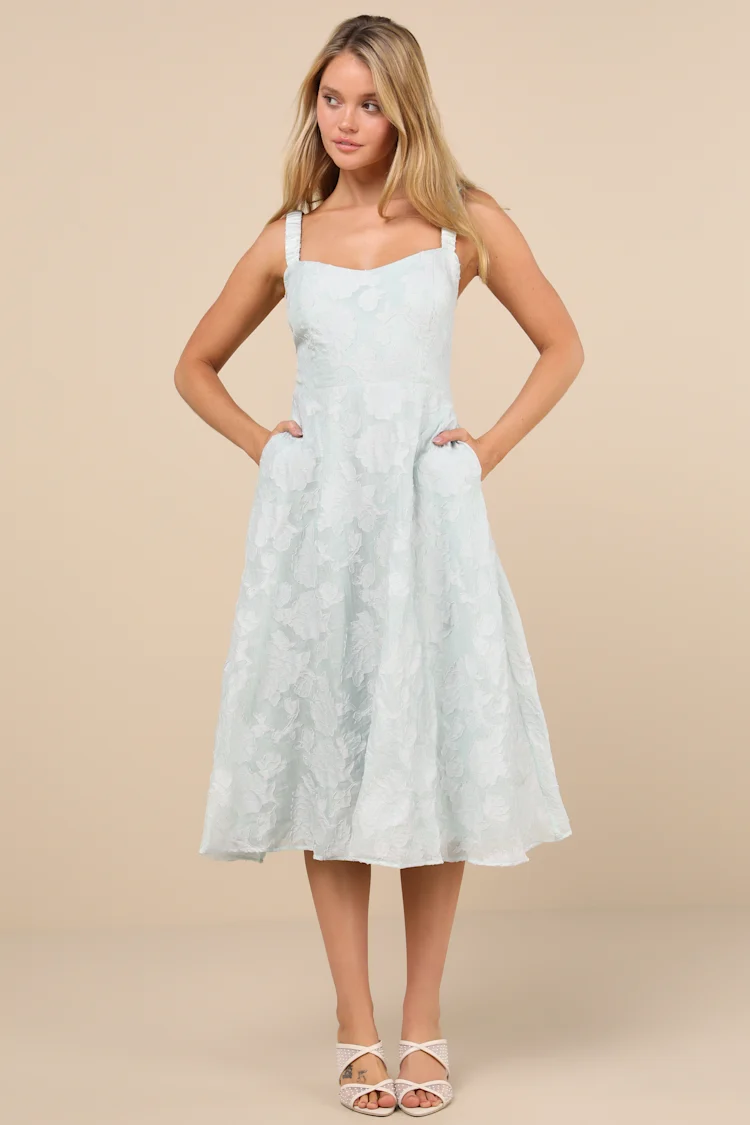 Lulus - Pristine Muse Mint Green Jacquard Skater Midi Dress - Medium