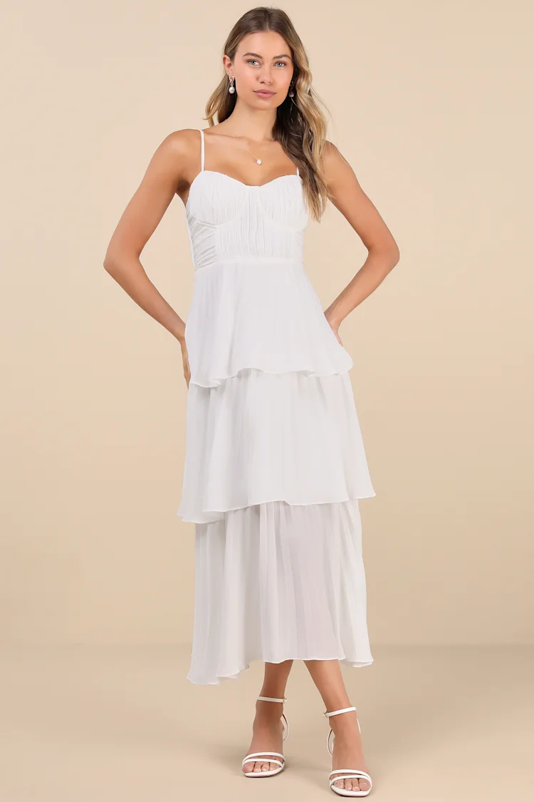 Lulus - Cascading Crush White Tiered Bustier Midi Dress - Small