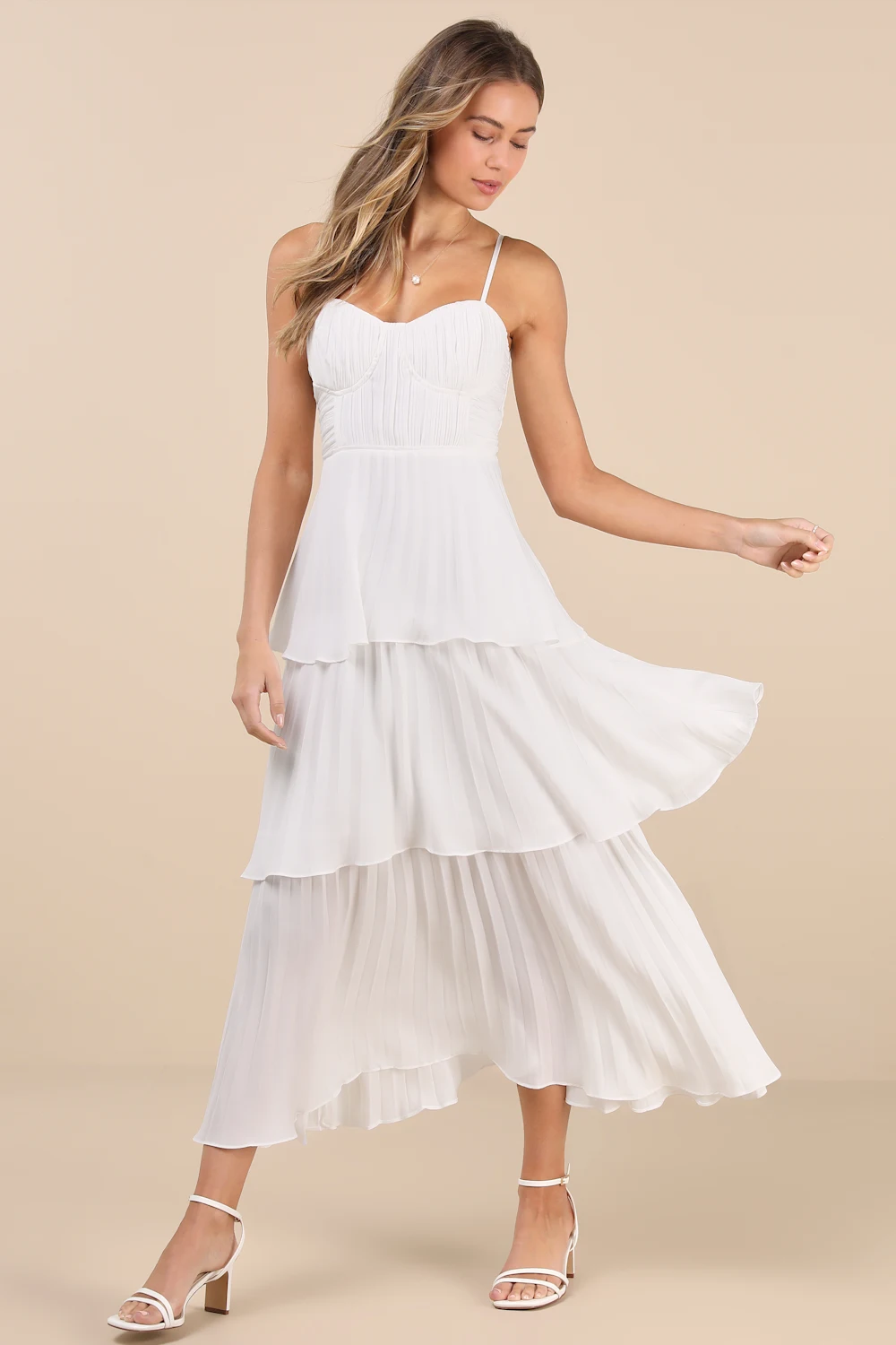 Lulus - Cascading Crush White Tiered Bustier Midi Dress - Small