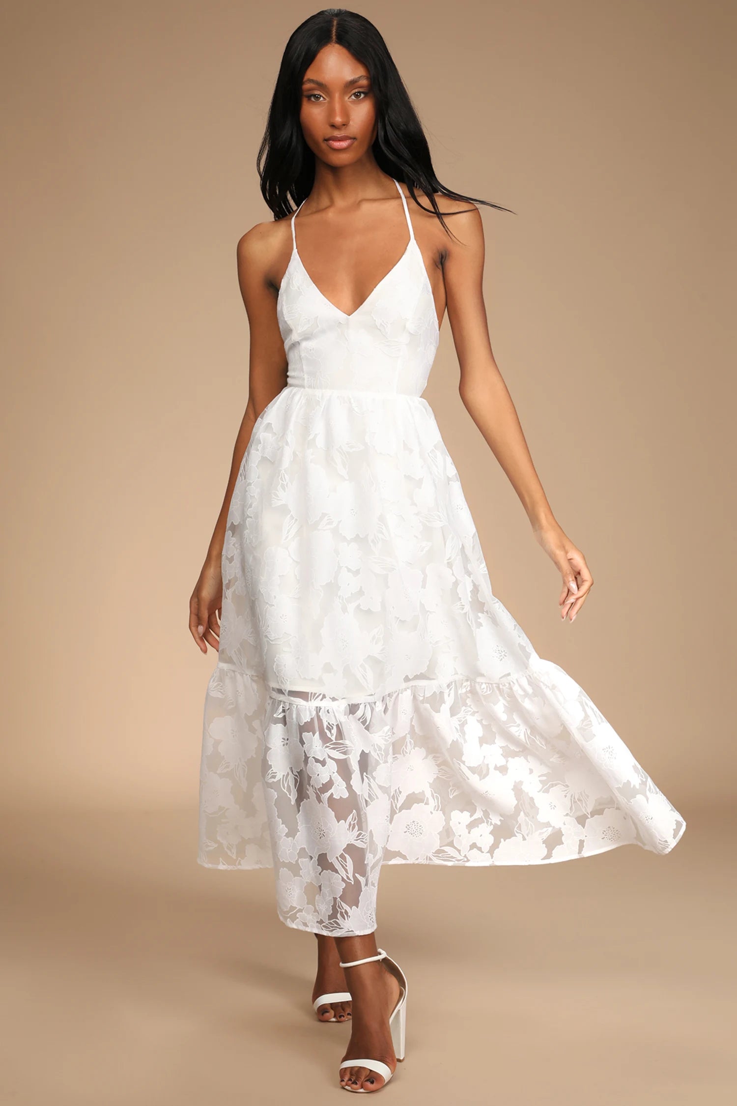 Lulus - Feeling Like Forever White Jacquard Organza Lace-Up Midi Dress - Small