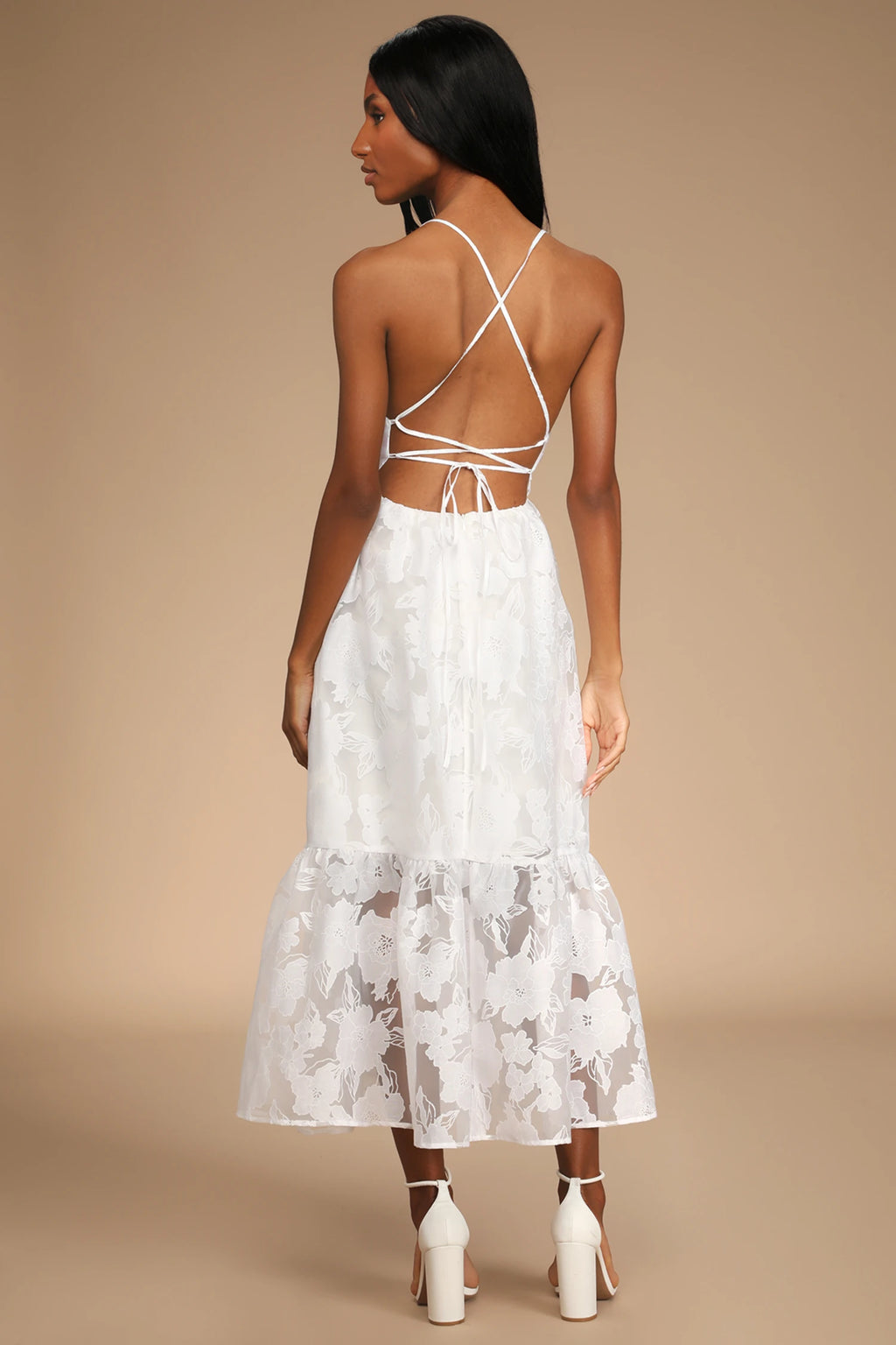 Lulus - Feeling Like Forever White Jacquard Organza Lace-Up Midi Dress - Small