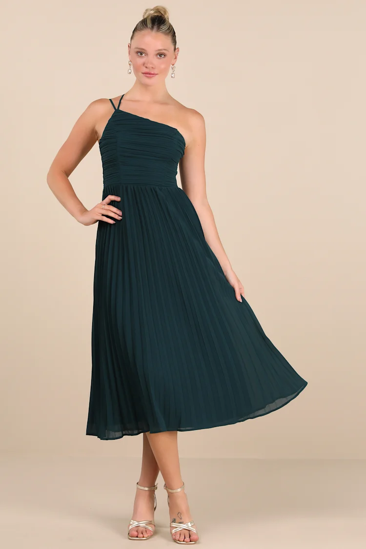 Lulus - Wondrous Muse Emerald Pleated One-Shoulder Midi Dress- XXL