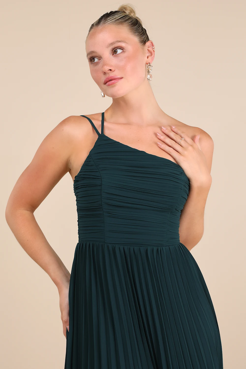 Lulus - Wondrous Muse Emerald Pleated One-Shoulder Midi Dress- XXL