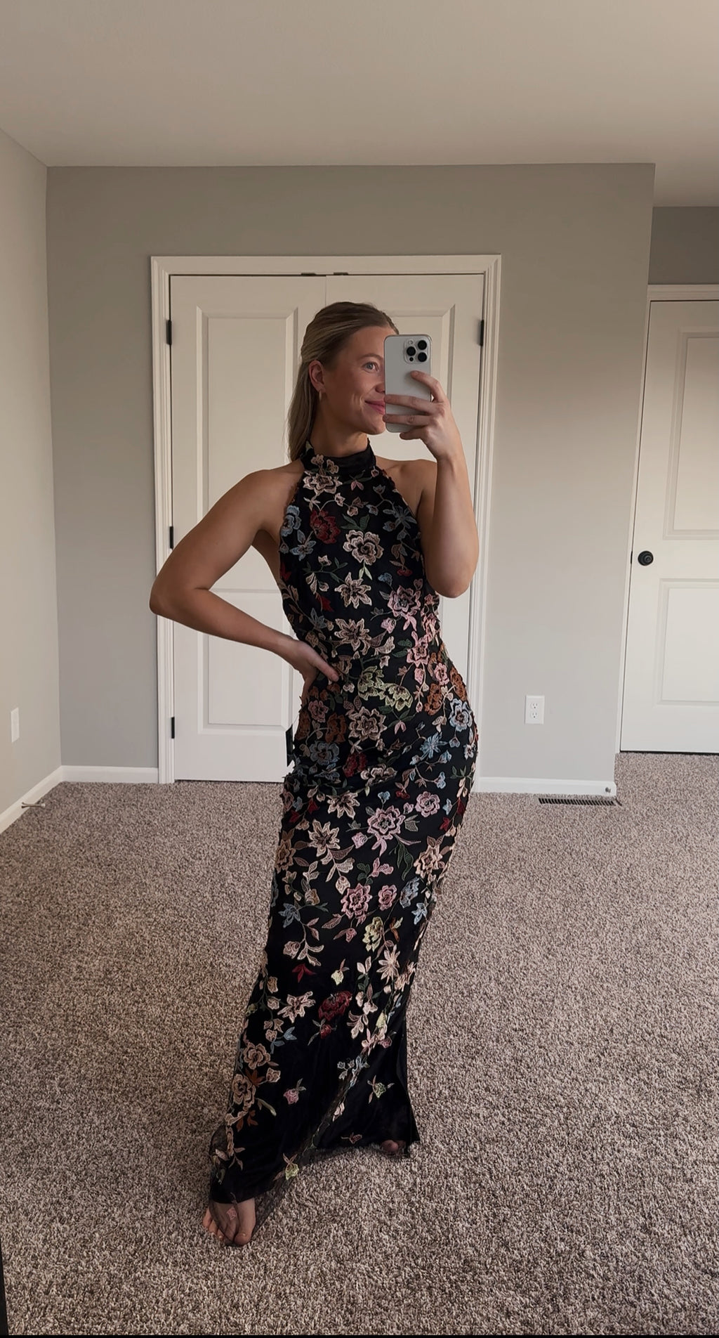 Lulus - Infinite Praise Black 3D Floral Embroidered Halter Maxi Dress - Small