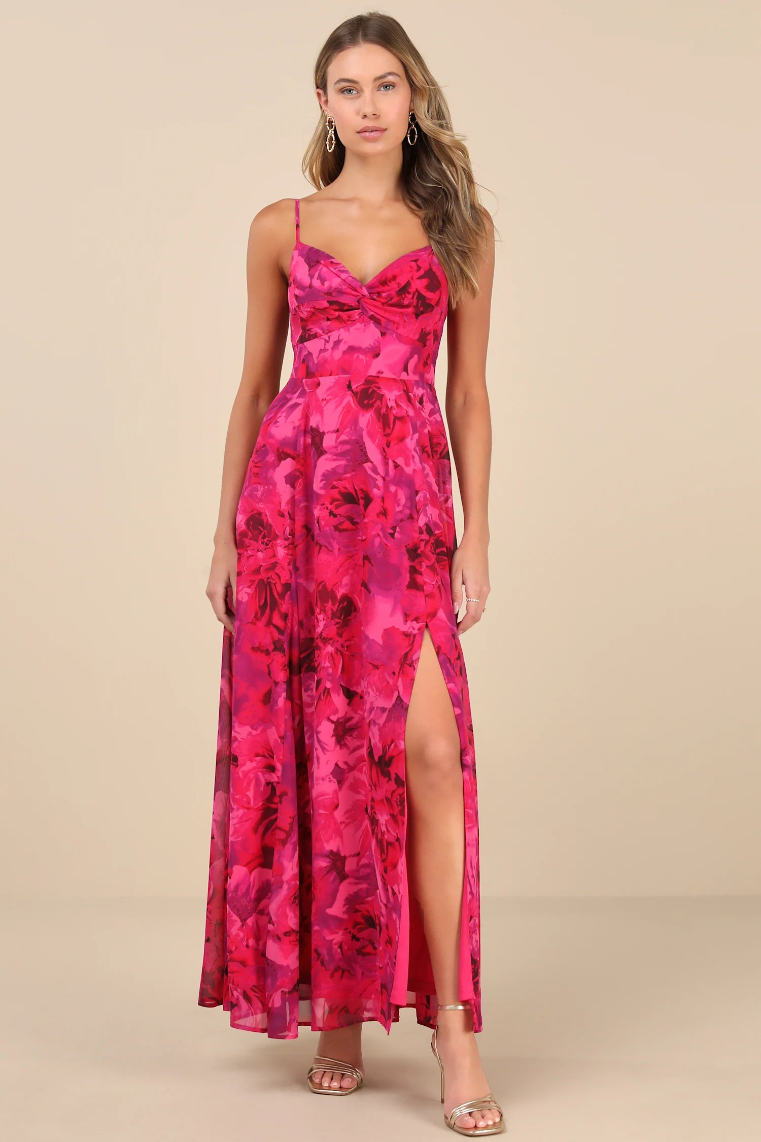 Lulus - Beautiful Soul Fuchsia Floral Print Twist-Front Maxi Dress - Large