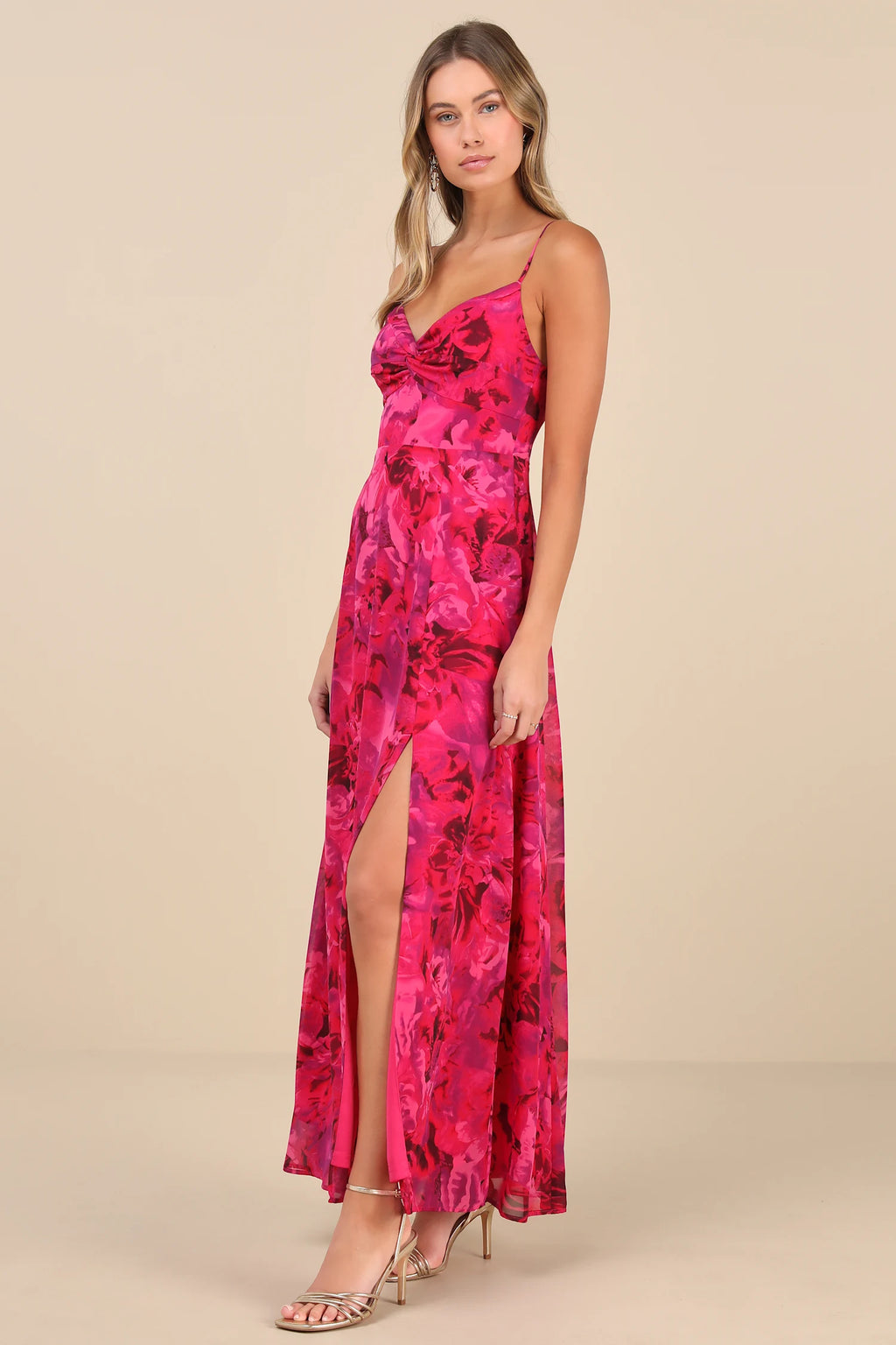 Lulus - Beautiful Soul Fuchsia Floral Print Twist-Front Maxi Dress - Large