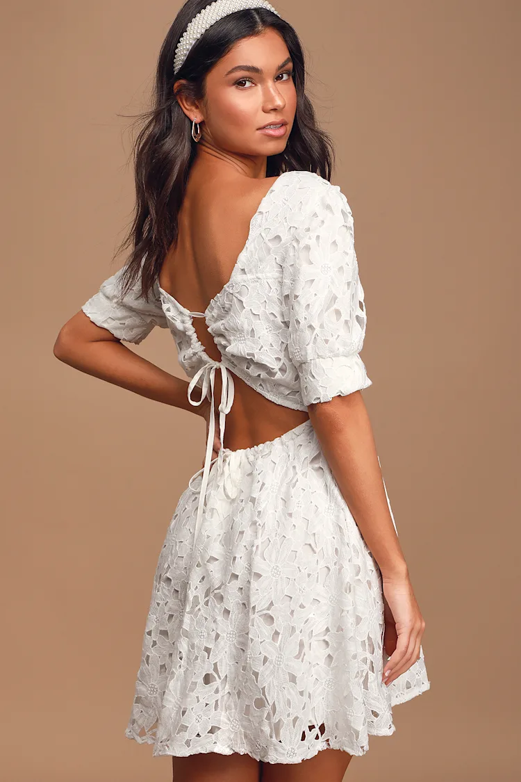 Lulus - For a Moment White Lace Cutout Mini Skater Dress - XL