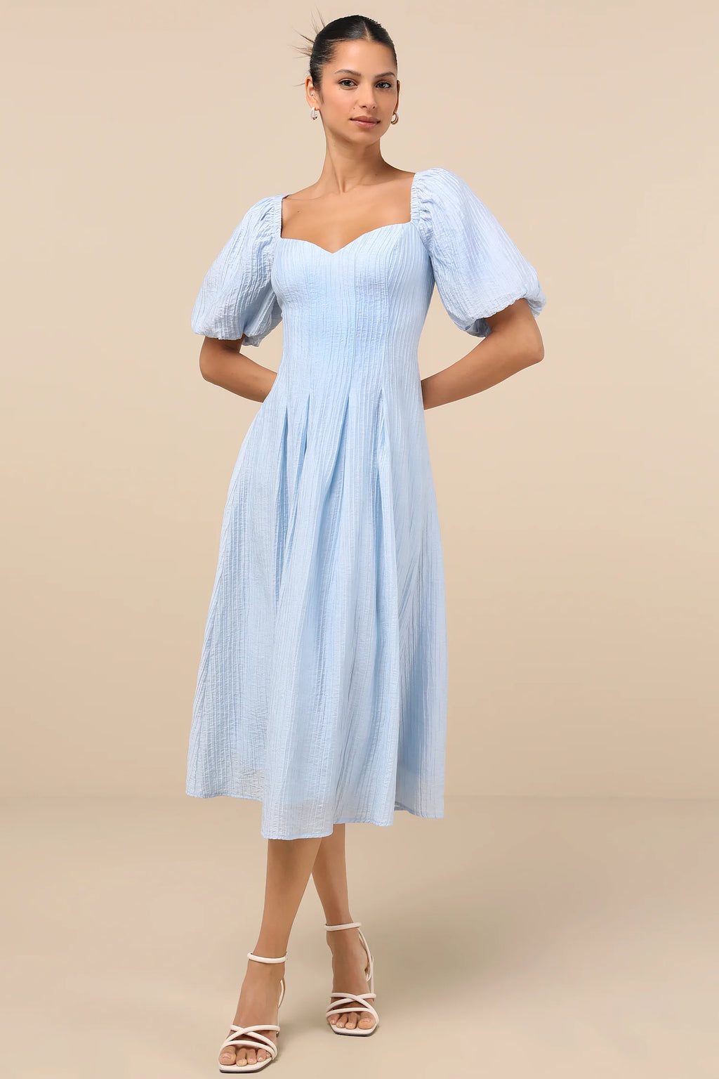 Lulus - Heavenly Energy Blue Textured Puff Sleeve Pleated Midi Dress - Large