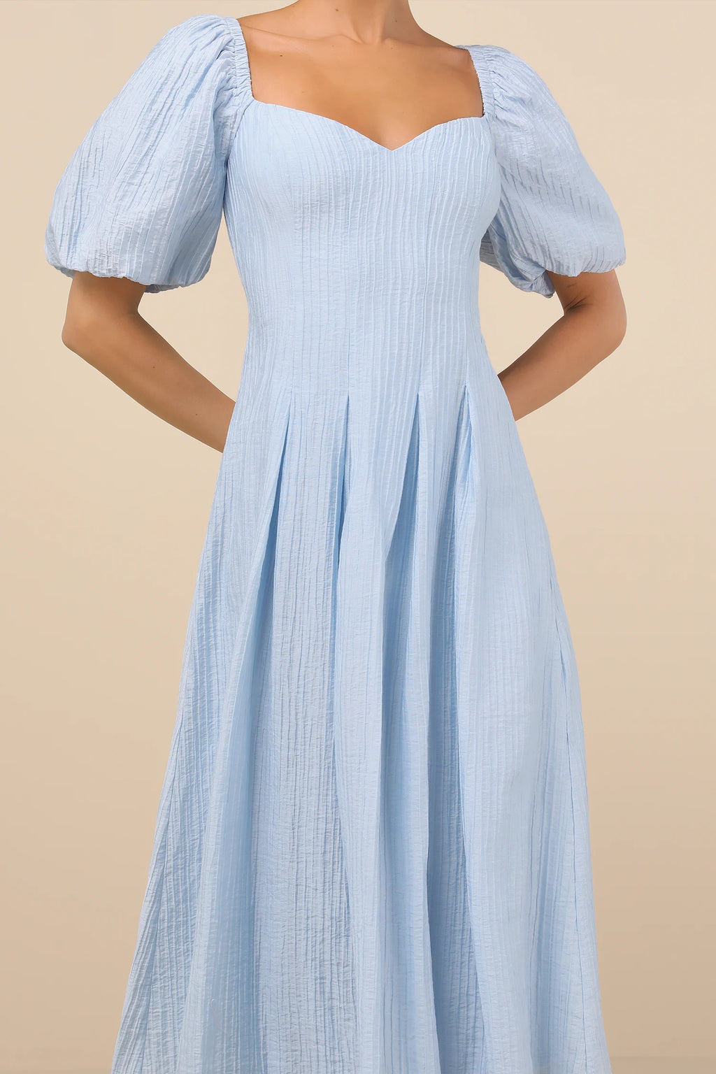 Lulus - Heavenly Energy Blue Textured Puff Sleeve Pleated Midi Dress - Large